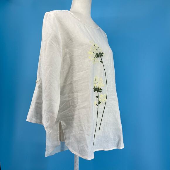 White Linen Floral Embroidered Tunic Blouse Top (S) - Picture 7 of 10